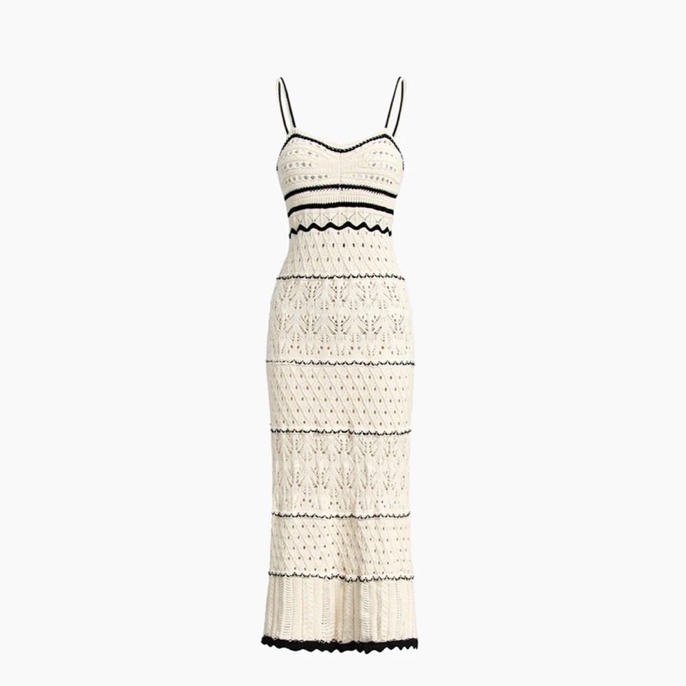 Cream Crochet Maxi Dress with Black Trim